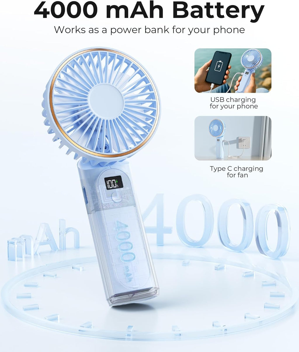 TUNISE Portable Handheld Fan - Rechargeable 4000mAh Battery | 180° Adjustable, 6 Speed Settings, Quiet Design