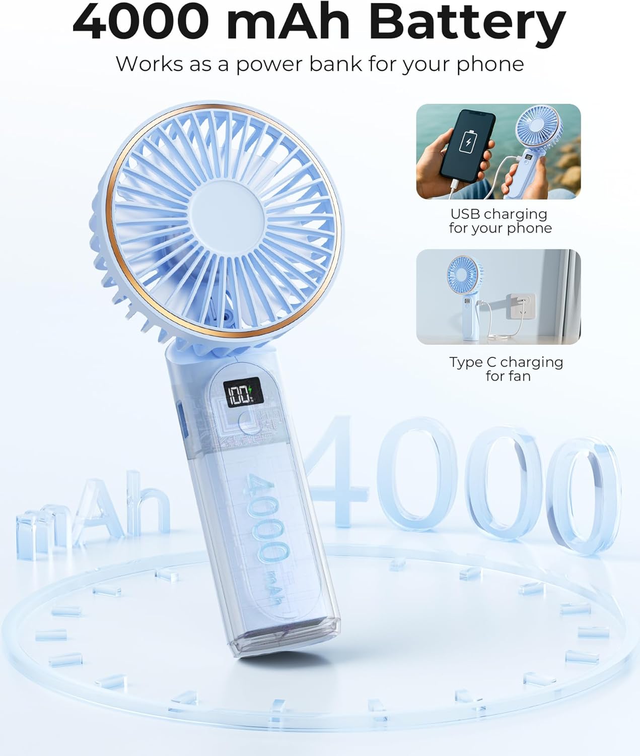 TUNISE Portable Handheld Fan - Rechargeable 4000mAh Battery | 180° Adjustable, 6 Speed Settings, Quiet Design