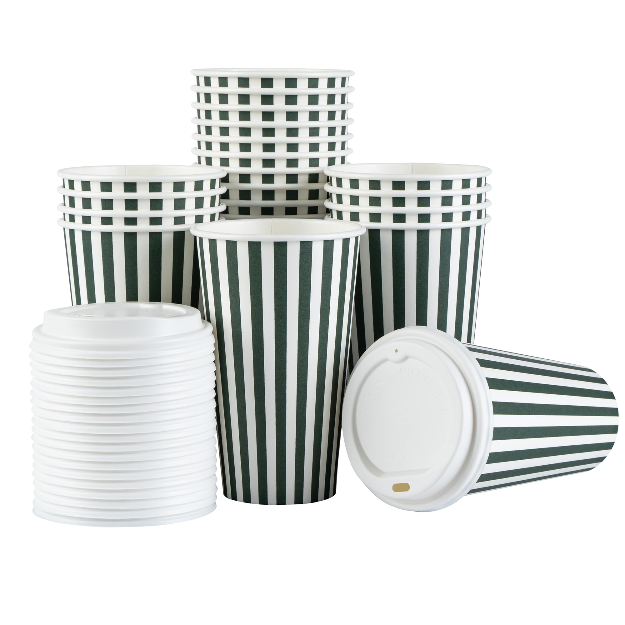 Restaurantware 16 Ounce Disposable Coffee Cups With Lids, 400 Hot Cups With Lids - Sleeves Sold Separately, Single Wall, Forest Green And White Stripe Paper Coffee Cups, For Coffee And More