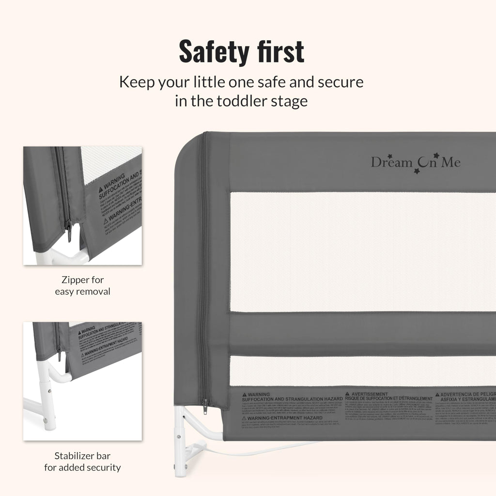 Dream On Me Mesh Security Bed Guard Rail for Toddlers 2–5 Years, Fits Twin–King Beds, Reinforced Anchor System, 2 Adjustable Heights, Grey, Not for Cribs/Toddler Beds