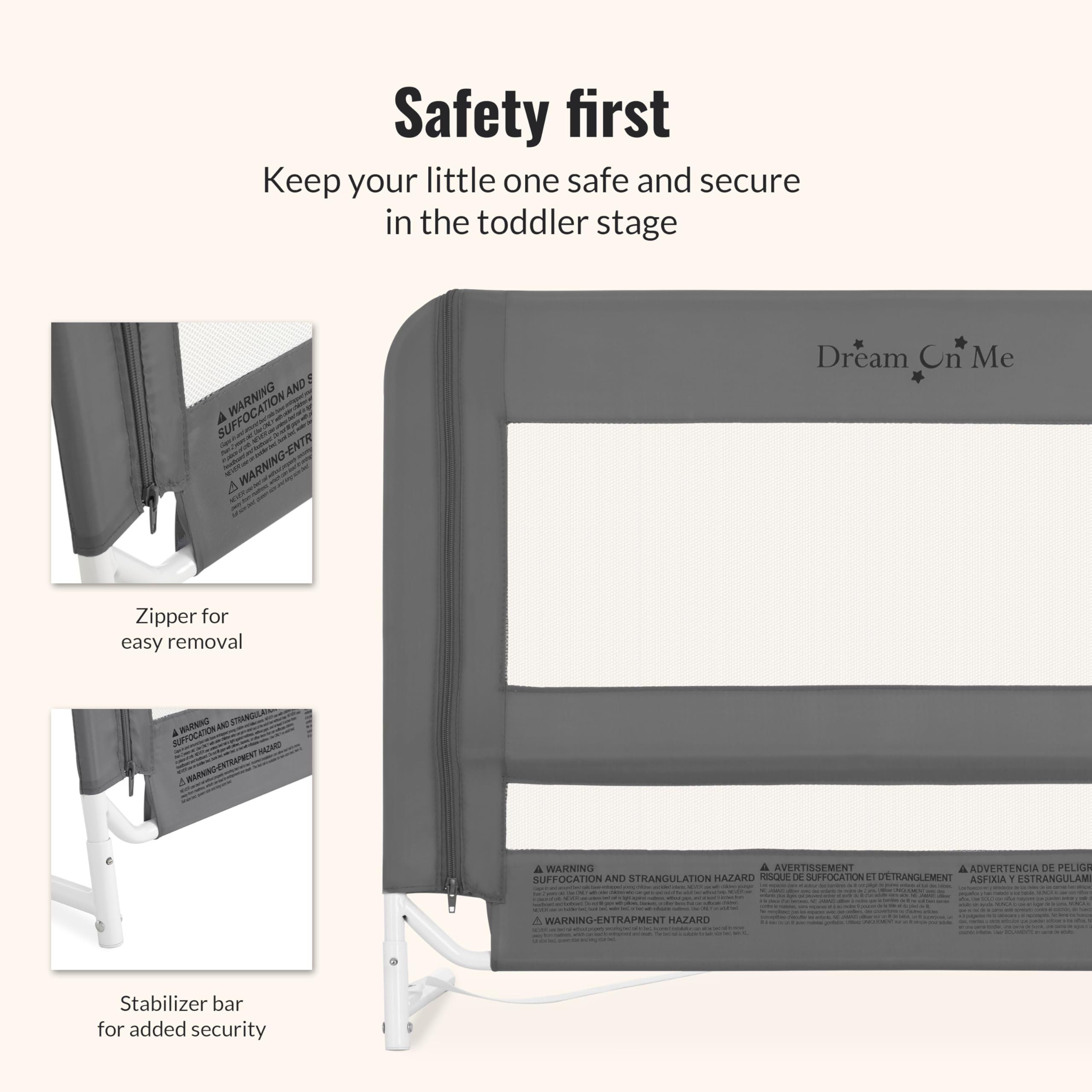 Dream On Me Mesh Security Bed Guard Rail for Toddlers 2–5 Years, Fits Twin–King Beds, Reinforced Anchor System, 2 Adjustable Heights, Grey, Not for Cribs/Toddler Beds