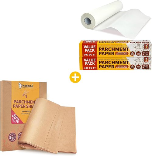 Katbite Unbleached Parchment Paper - 200 Pcs 12x16 In Precut Sheets | 300 Sq.Ft White Roll 15in x 242ft