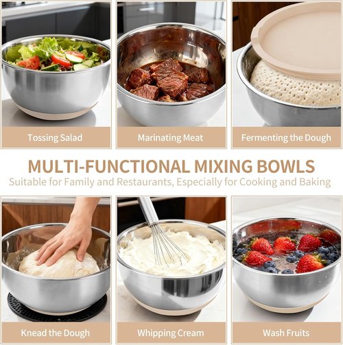 Deedro Premium Mixing Bowls Set - 22 Pcs Thicker Stainless Steel with Airtight Lids | Non-Slip Silicone Base, Khaki