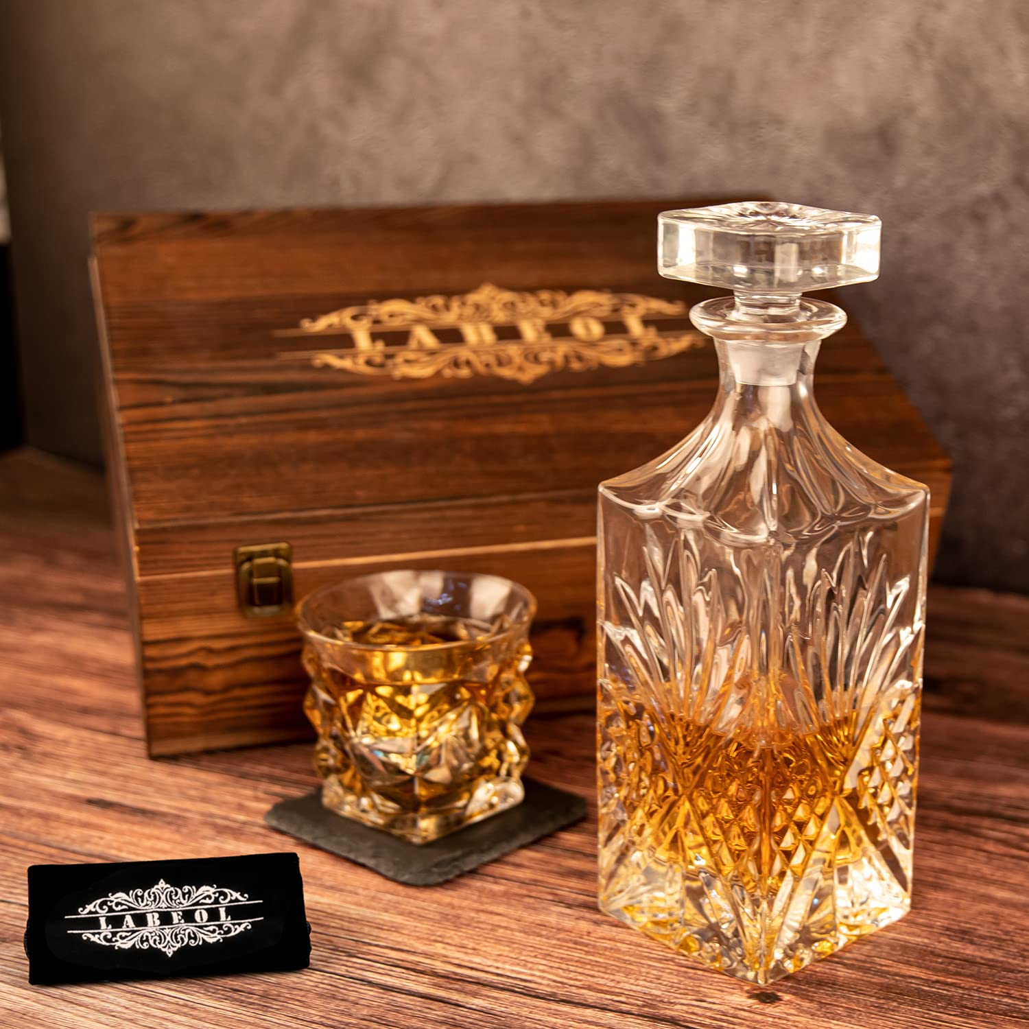 Whiskey Decanter Set, Whiskey Stones Gift Set for Men, Gifts Box with Reusable Stainless Steel Balls, Glasses, Decanter, Slate Coasters and Tongs for Dad, Boyfriend