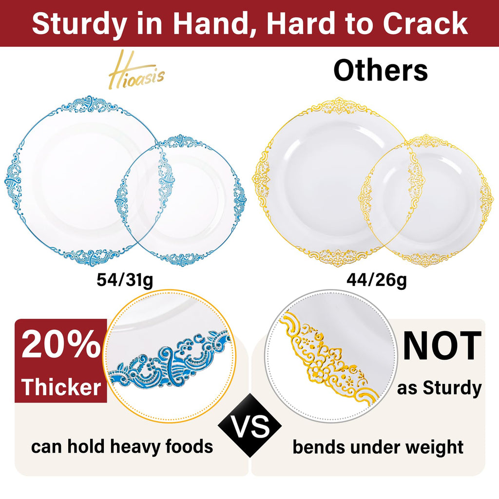 Hioasis 350pcs Clear Blue Plastic Plates - Elegant Disposable Dinnerware Set Suitable for 50 Guests Include 10.25" Dinner & 7.5" Dessert Plates, Pre Rolled Silverware Set, Cups for Party & Wedding