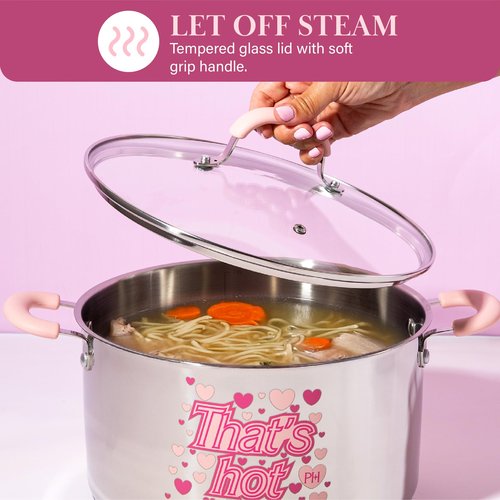 Paris Hilton Stainless Steel Stock Pot with Iconic Color Changing "That's Hot" Heat Indicator Decal, Features Soft Grip Handles and Measure Marks, 8-Quart, Pink