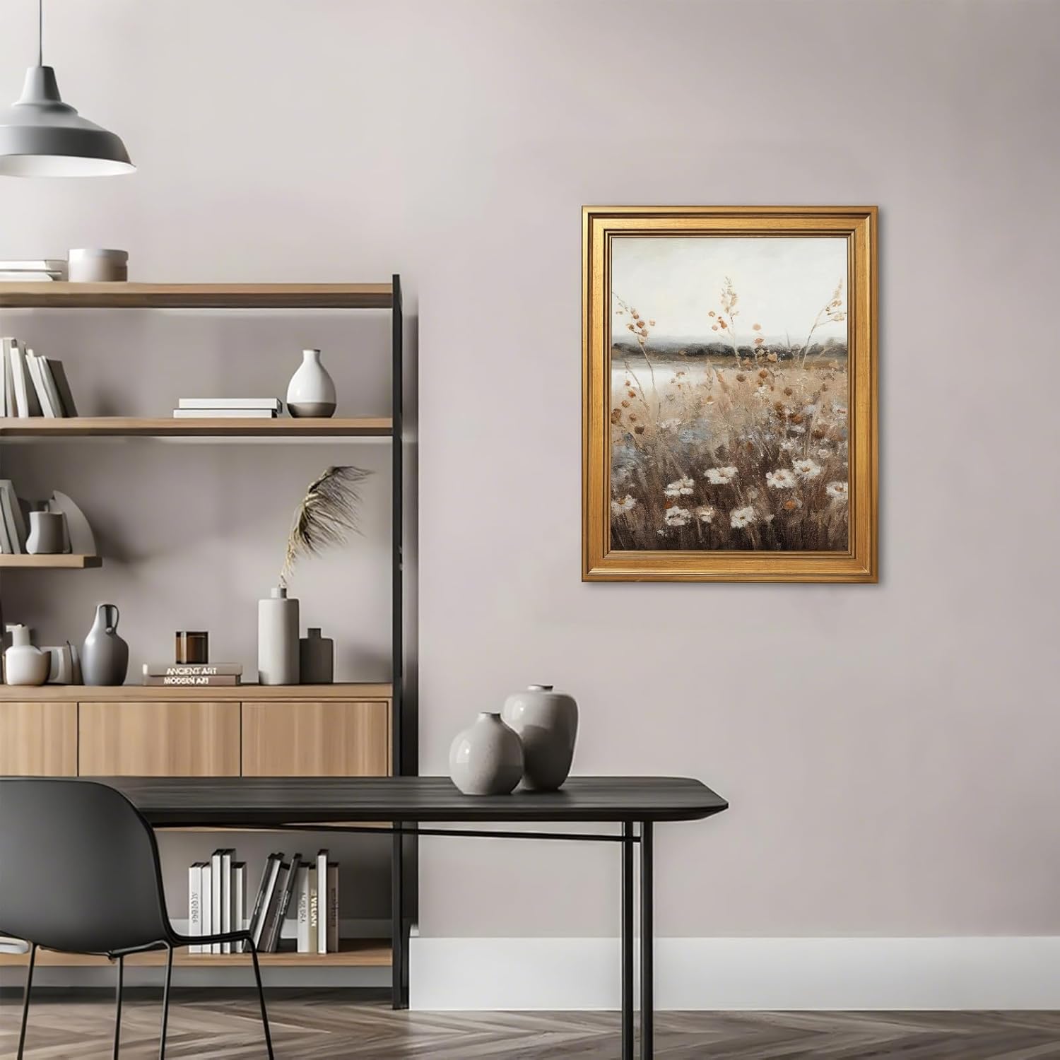 Vintage Meadow Wall Art Canvas Print - Rustic Wildflower Landscape Painting | 12x16 Inch Bronze Framed Decor