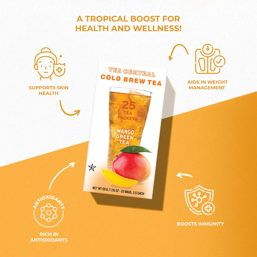 Life Plus Style Gourmet TEA CENTRAL Mango Green Tea Naturally Refreshing Cold Brew Tea Bags Ceylon Iced Green Tea Everyday Wellness Sweet Mango Fruit Tea 25 Tea Bags