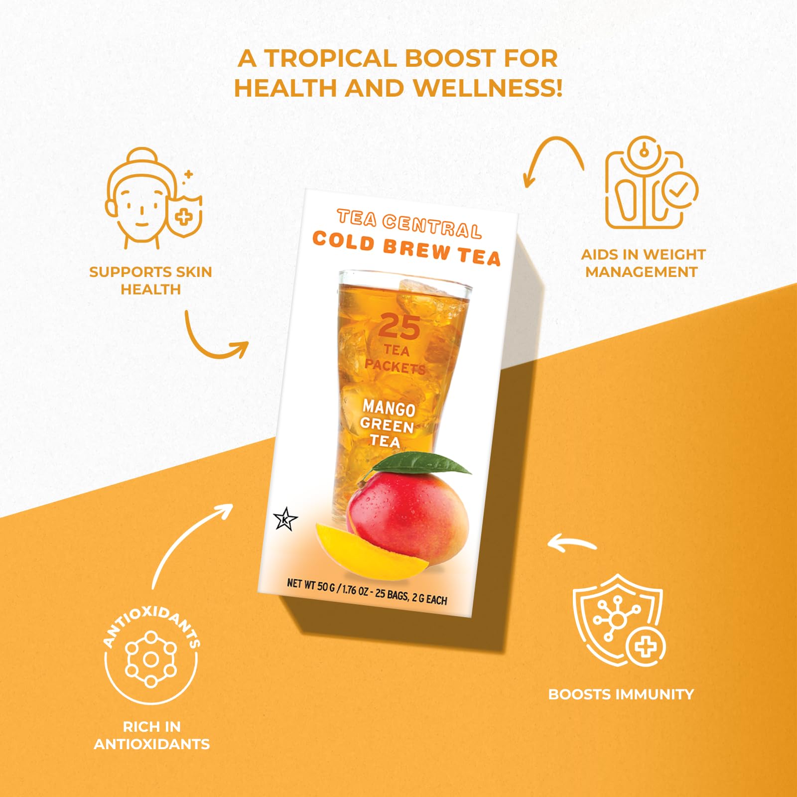 Life Plus Style Gourmet TEA CENTRAL Mango Green Tea Naturally Refreshing Cold Brew Tea Bags Ceylon Iced Green Tea Everyday Wellness Sweet Mango Fruit Tea 25 Tea Bags