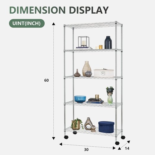 BestOffice 5-Tier Wire Storage Shelves with Wheels - Heavy-Duty Metal, Adjustable Racks | Chrome, 14x30x60 | Holds Up to 220 lbs, No-Tool Assembly for Home & Garage