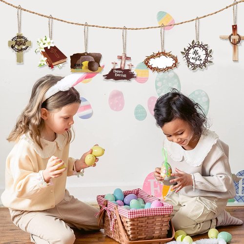 24 Piece Easter Day Hanging Ornaments - He Is Risen Wooden Signs & Jesus Cross Decor