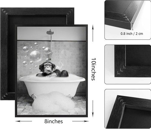 Chimpanzee Art by Framed | Fun Black and White Bathroom Canvas | Retro Animal Decor 8x10 Inches