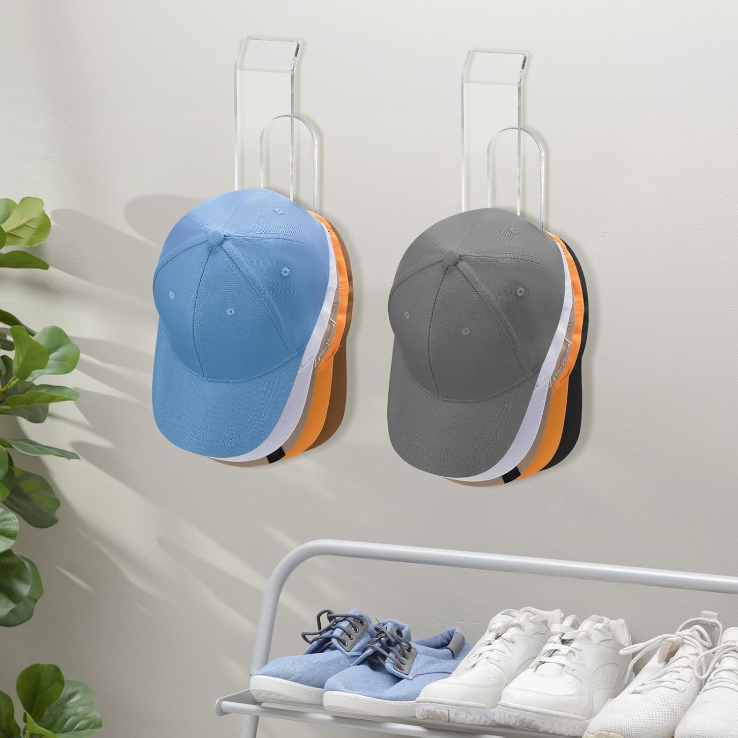 NiHome Clear Acrylic Hat Racks - Removable No-Drill Storage Organizer for Baseball Caps | 2-Pack