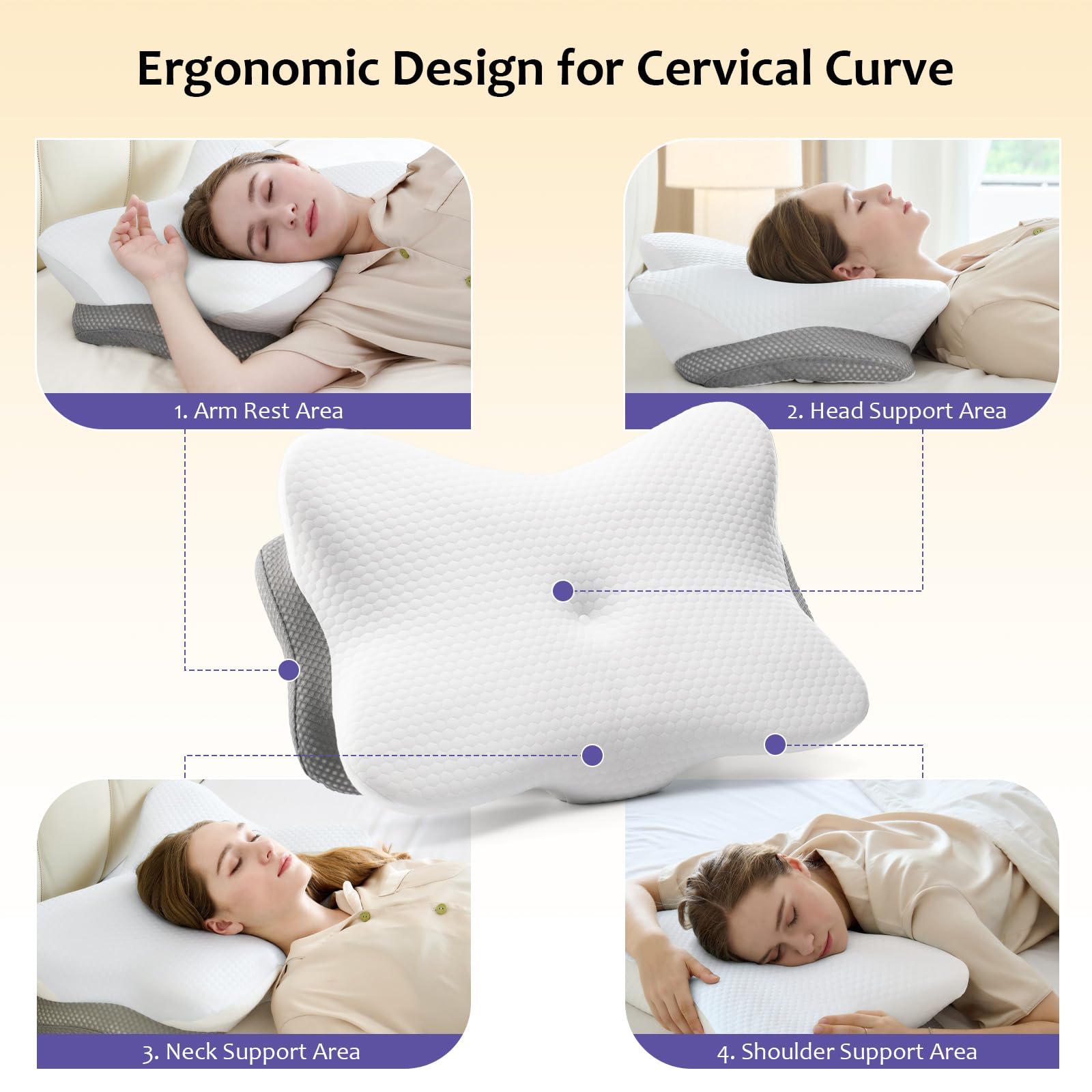 SUBCULTUREPICK Memory Foam Pillows, Cervical Pillow for Neck and Shoulder Pain Relief, Ergonomic Contour Bed Pillow, Soft for Side Sleep Stomach Sleeping and Back Sleeper (White)