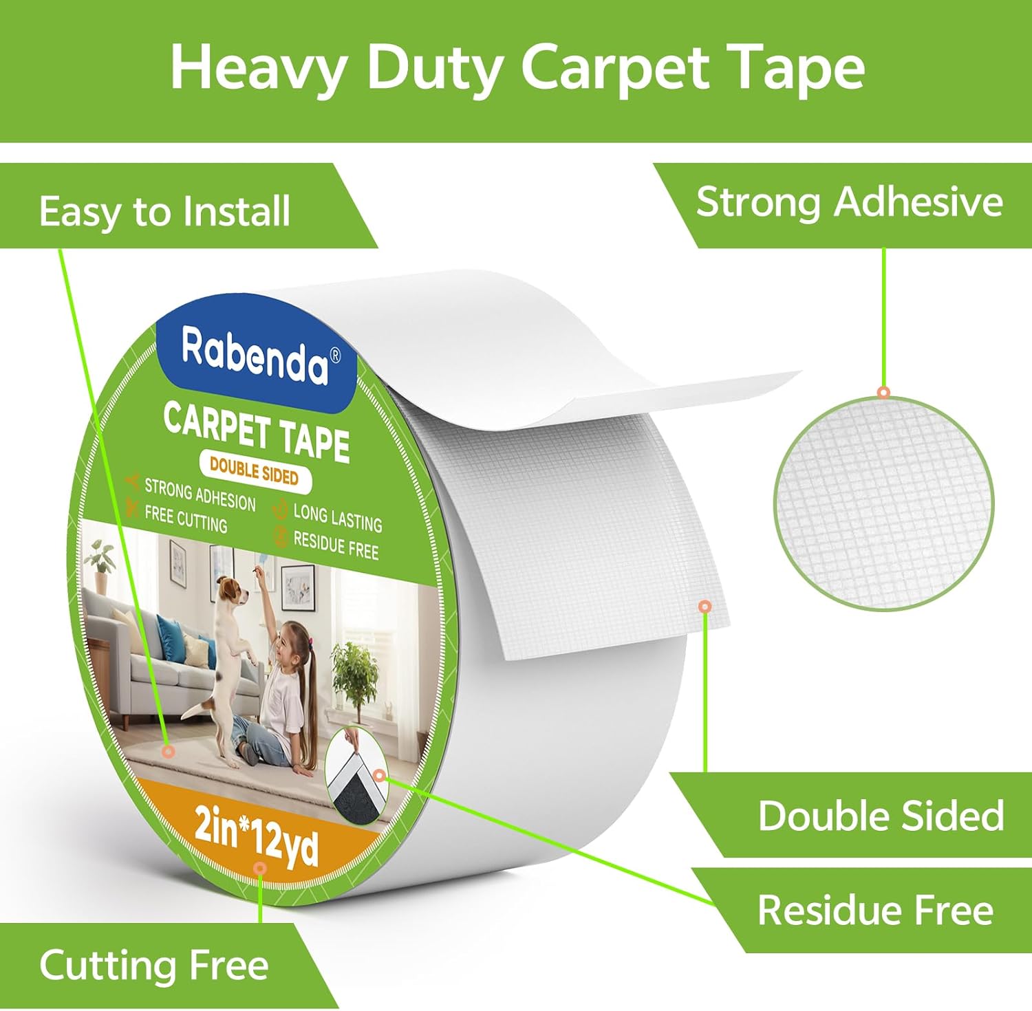 Rabenda Double-Sided Carpet Tape - 2 Inch x 12 Yards Removable Rug Tape for Hardwood & Tile Floors - Strong Hold, No Residue Anti-Slip Gripper