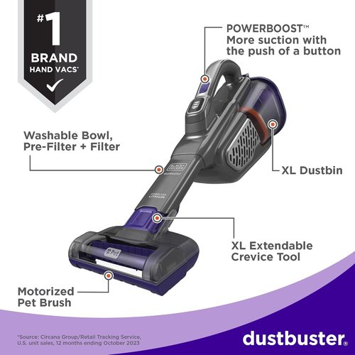 BLACK+DECKER Dustbuster Furbuster Pet Hair Vacuum - Cordless Handheld with Motorized Brush, Powerful Suction