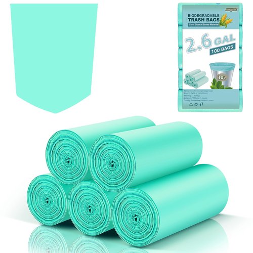 2.6 Gallon Mini Compostable Trash Bag - Small Garbage Bags For Bathroom Can Blue 100 Count 10 Liter Biodegradable Unscented Waste Basket Liners Bathroom Kitchen Office Strong Thick Inwaysin