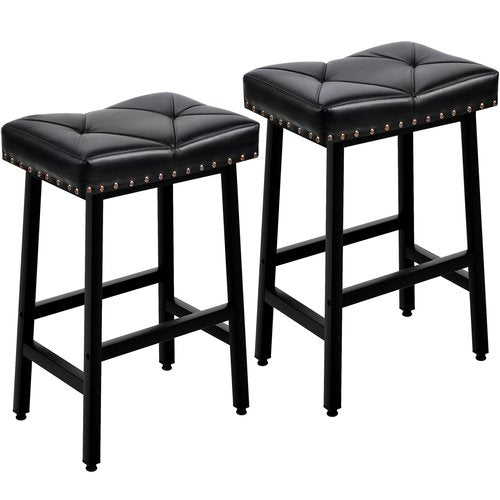 VECELO 25 inch Counter Height Stools for Kitchen Island, 3.3'' Thick PU Upholstered Saddle Seats, Backless Bar Chairs with Metal Base, Black
