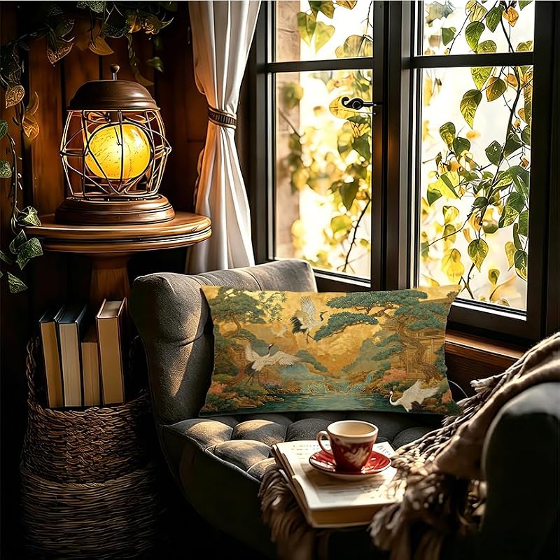 Chinoiserie Crane Lumbar Pillow Cover 12x20 Soft Flannel Multicolor0001