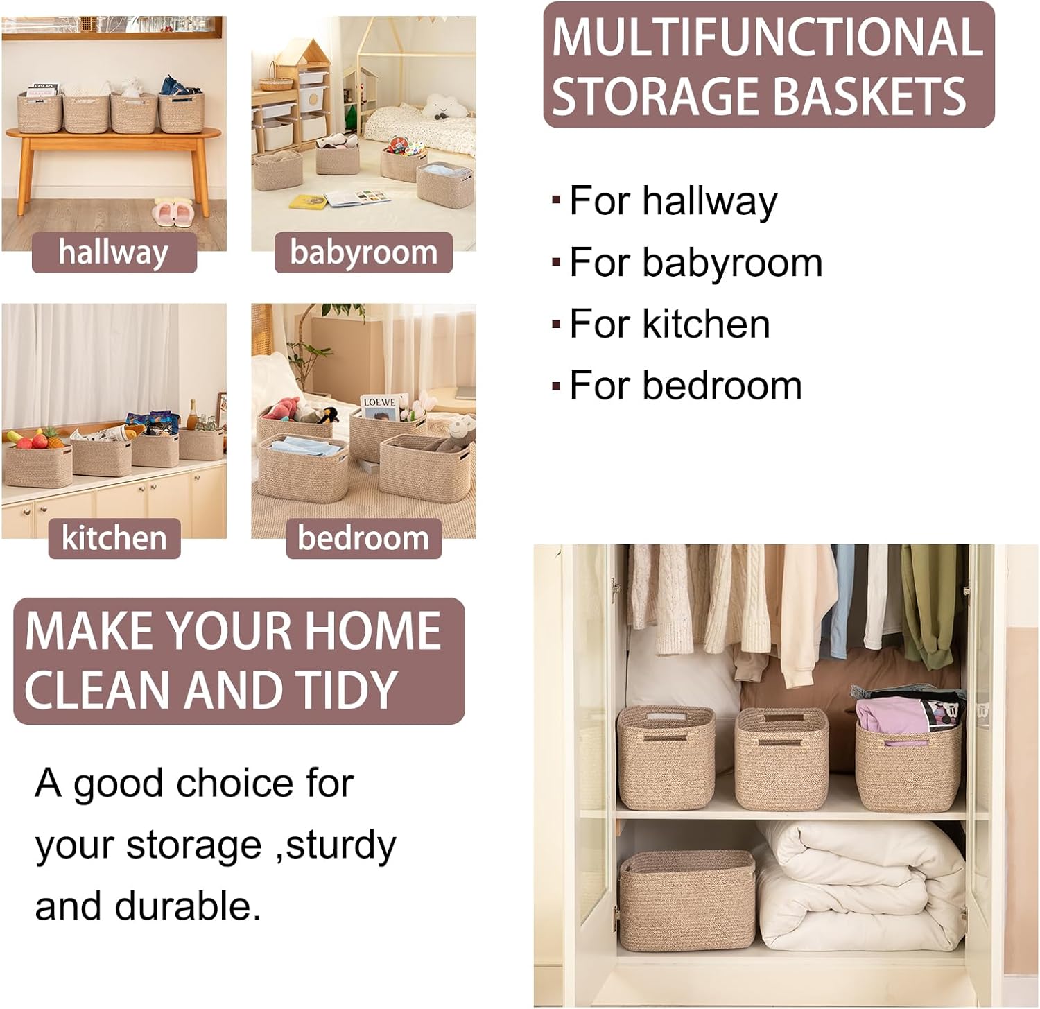 OIAHOMY Storage Baskets - 4 Pack Woven Cube Organizers with Handles | 16''L x 12''W x 8''H, Brown