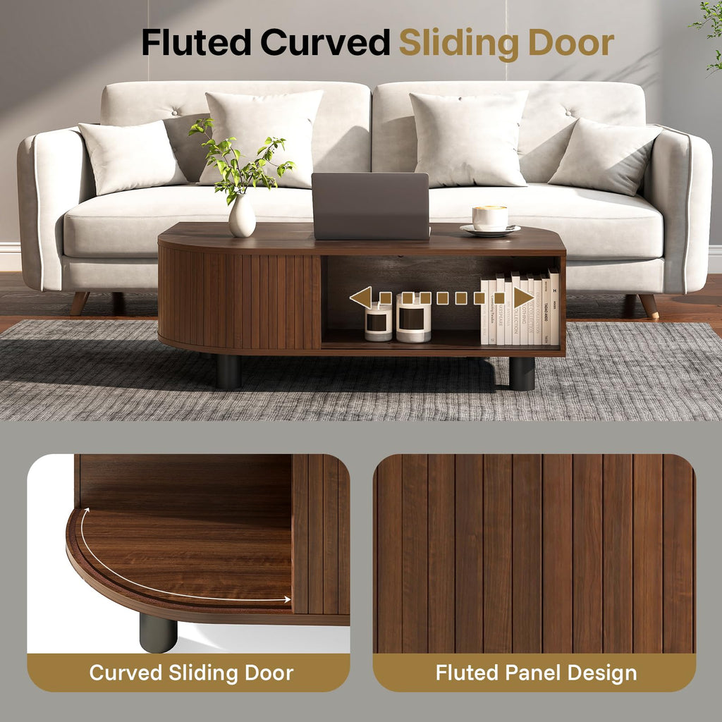 sunmiler Mid-Century Modern 39.4" Coffee Table - Leaf-Shaped Wood Center Table with Storage, Retro Fluted Central Table with Sliding Door for Living Room, Office, Walnut