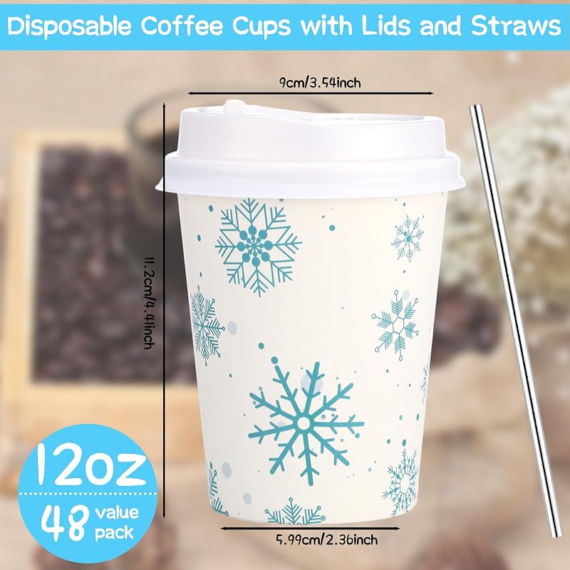 12 oz 48 Count Winter Snowflake Disposable Coffee Cups with Lids & Straws - 48 Pack