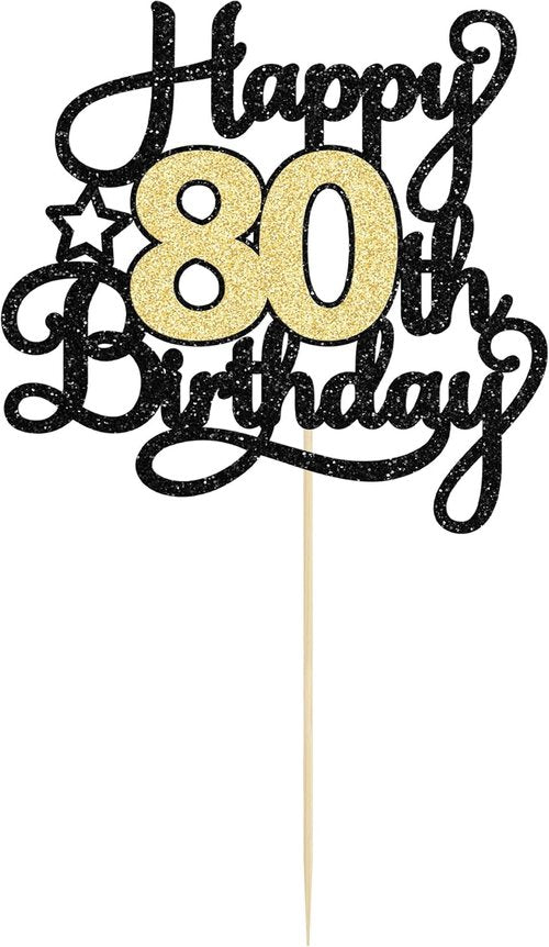 Happy 80th Birthday Cake Topper by [Brand Name] - Black Gold Glitter Design for 80th Anniversary Celebration