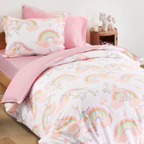 SLEEP ZONE Kids Duvet Cover Set Twin Size 2 Pieces - Super Soft & Cute Comforter Cover with 1 Pillow Sham, Easy Care Zipper Closure (Pink Unicorn, Twin)