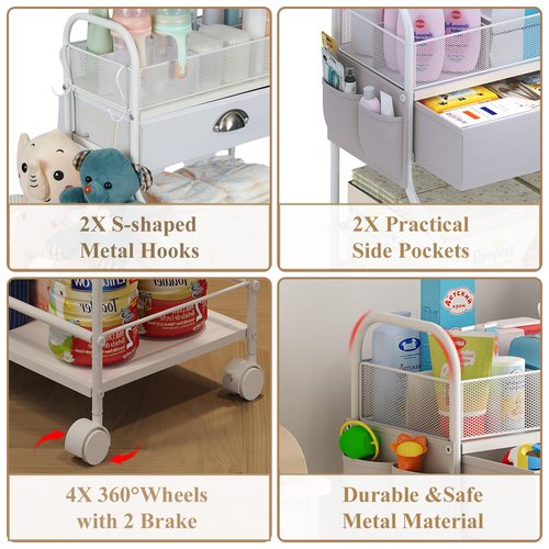 Baby Diaper Caddy Cart Organizer -3 Tier, Bedside Nursery Essentials Organizer & Storage Holder for Newborn Baby Stuff, 2+1 Dividers, 1 Drawer,Rolling Utility Cart for Bedroom,Changing Table, Crib.