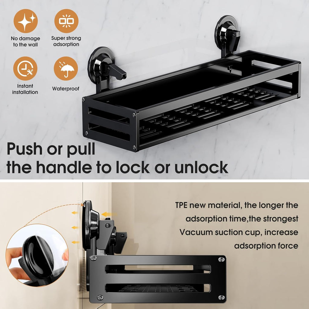 Skiennix Shower Caddy - 15.7 Inch No-Drill Suction Shelf with Hooks | Rustproof Bathroom Organizer - Black
