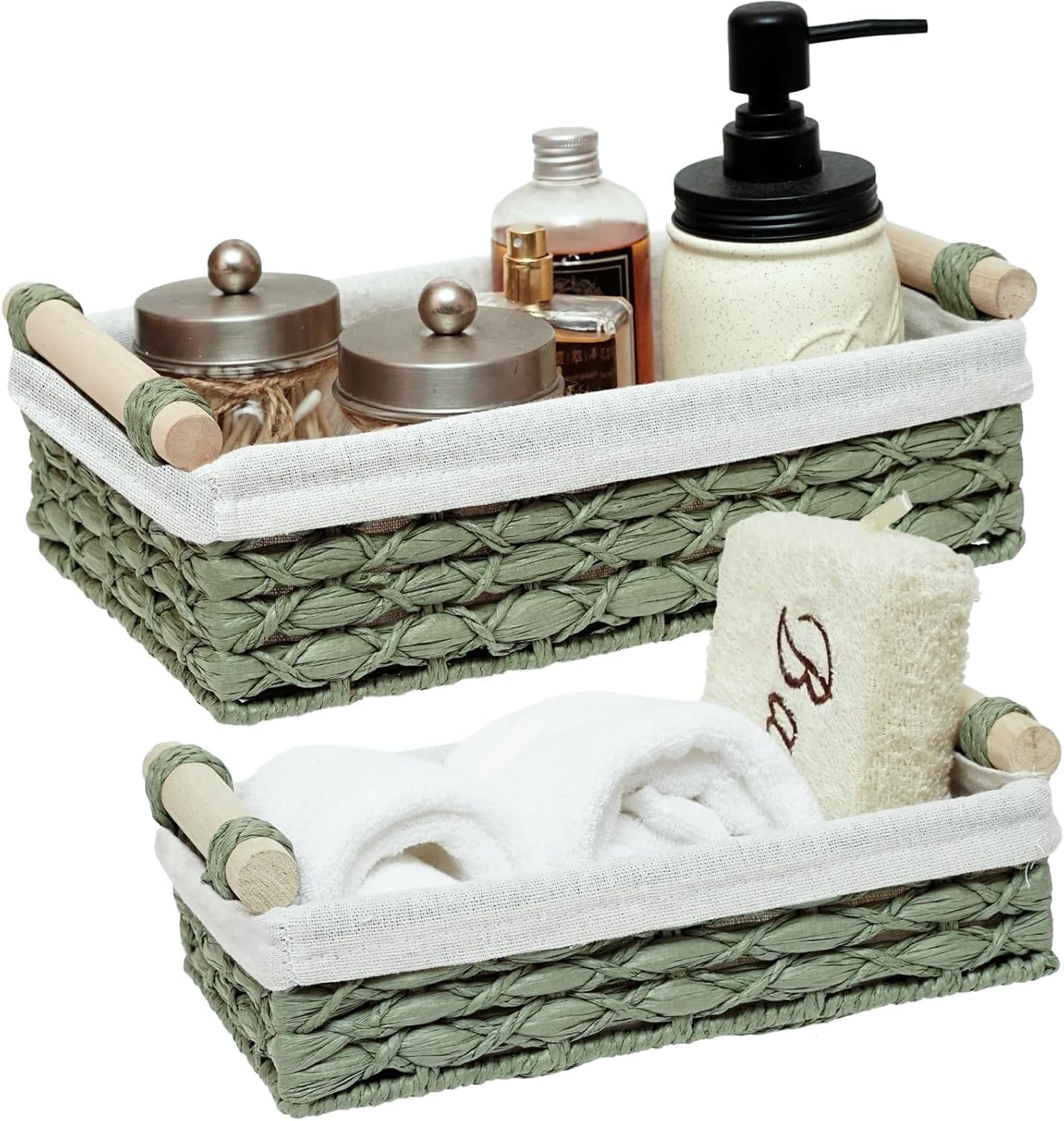 Regine Switzerland Set of 2 Green Bathroom Basket Organizers - Stylish Wicker Storage Baskets with Liner for Towels & Toiletries