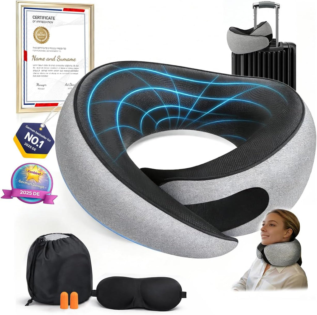 Memory Foam Travel Neck Pillow - Ergonomic 360° Head Support | Includes Eye Mask & Ear Plugs | Ultra Portable Gray Pillow for Flights & Cars