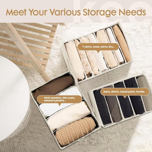 Criusia Large Clothes Organizer - 6 Pack Foldable Fabric Storage with Handles for Wardrobe | Beige