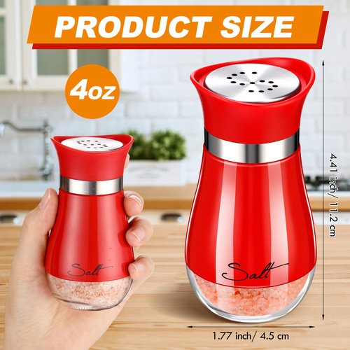 Acellegic 2 Pcs Salt and Pepper Shakers with Glass Bottom Set 4 oz Stainless Steel Salt and Pepper Holders for Kitchen Cooking Table Camp Refillable Perforated(Red Color)