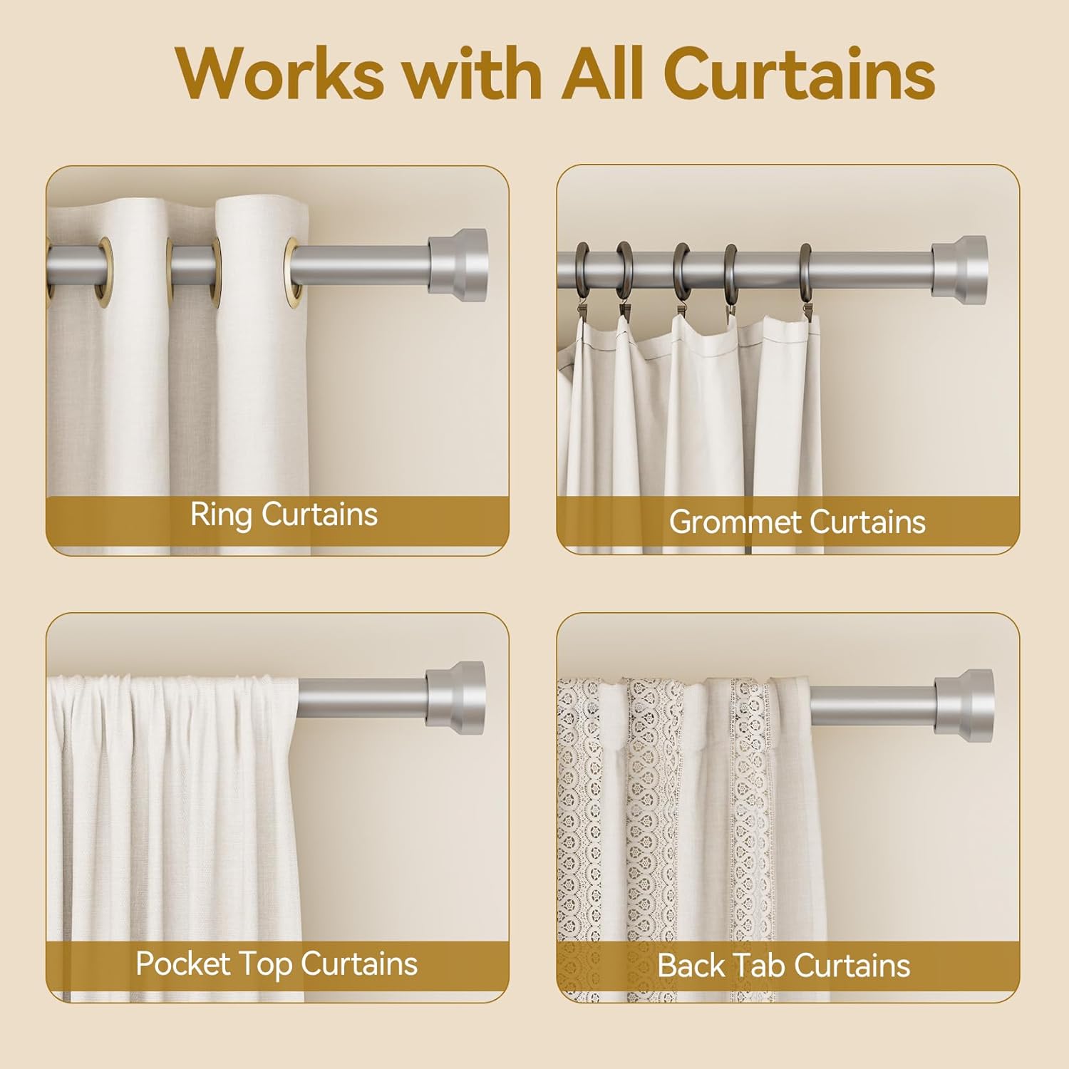YaFex Curtain Rods - Heavy Duty 1 Inch Adjustable Window Rods | 32-58 Inch, Modern Silver Design