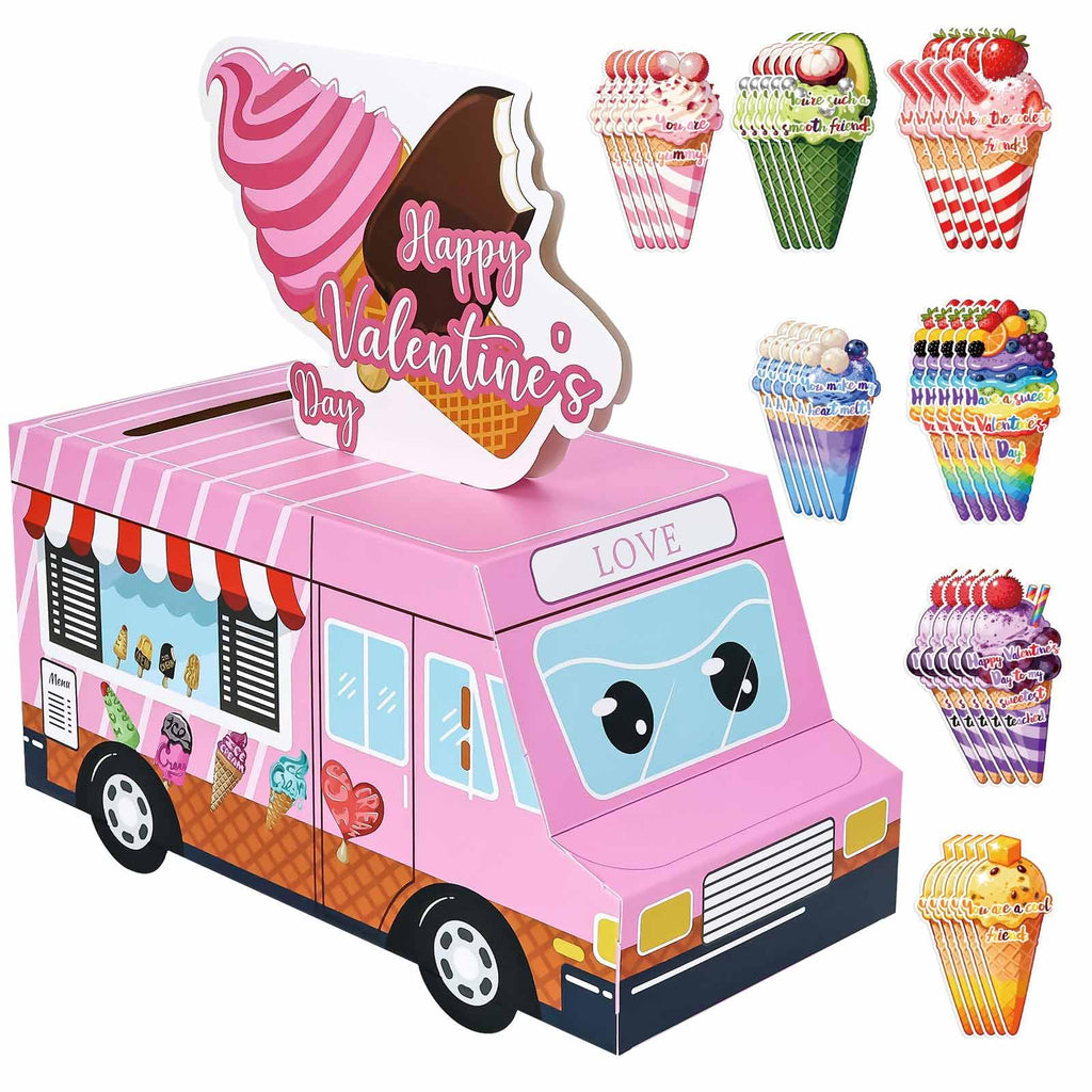 RINDOJIN Valentines Day Cards for Kids 3D Pink Ice Cream Truck Valentine Mailbox for Kids Classroom School Boys Girls Party Truck Valentines Day Card Box with 35 Ice Cream Valentine Cards