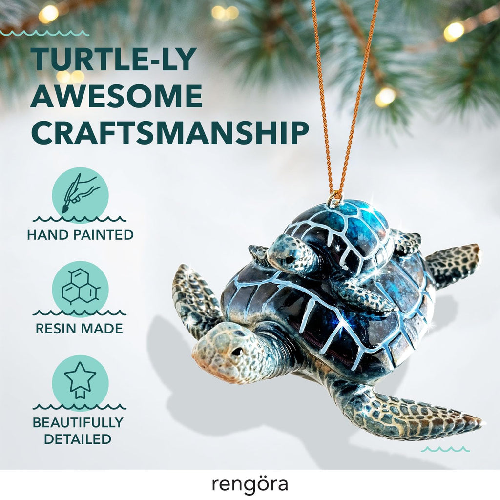Hand-Painted Beach Christmas Ornament – Coastal Tree Decoration for Ocean Lovers – Unique Nautical Ornament for Christmas Tree or Stocking Stuffer Gift (Blue Sea Turtle Mother and Baby)