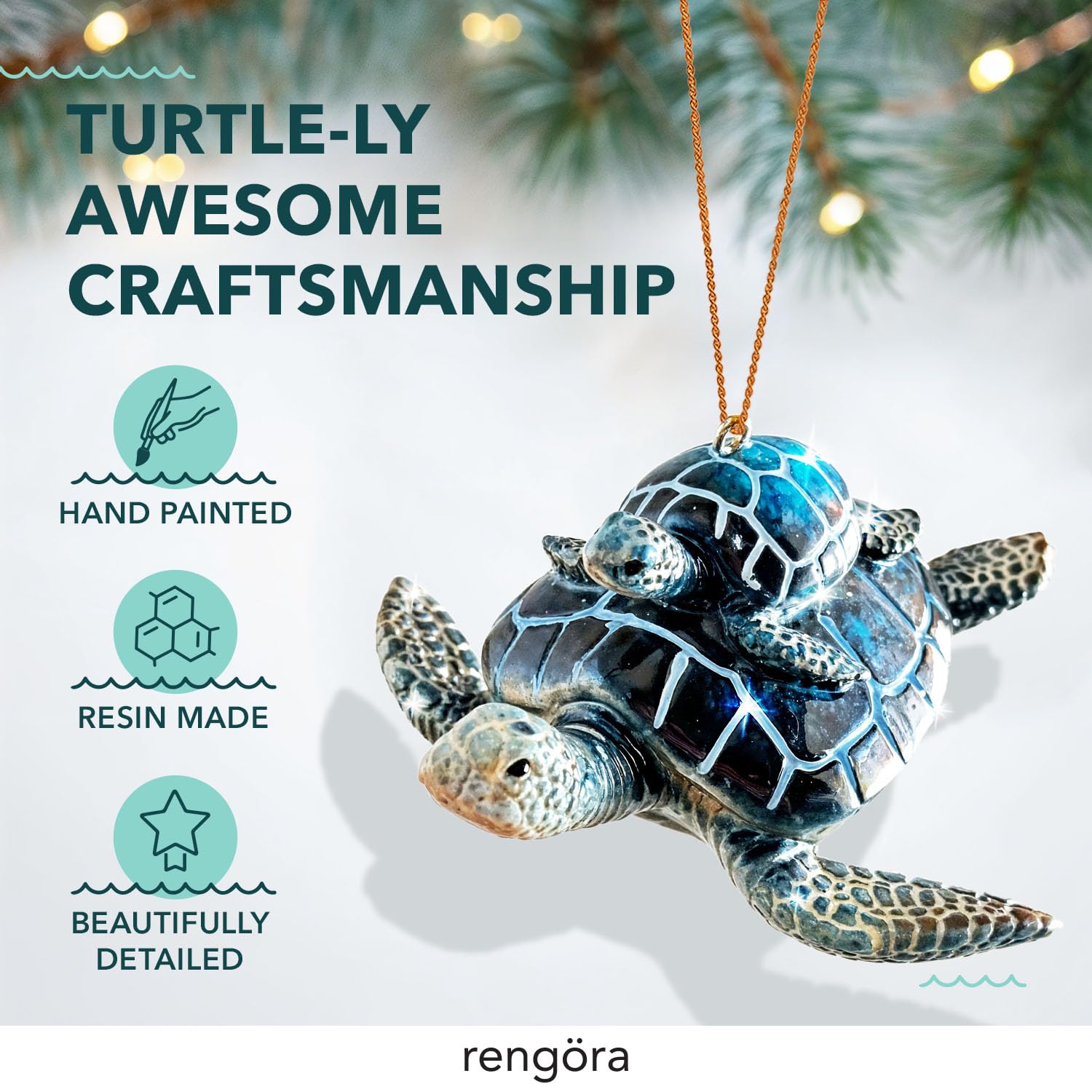 Hand-Painted Beach Christmas Ornament – Coastal Tree Decoration for Ocean Lovers – Unique Nautical Ornament for Christmas Tree or Stocking Stuffer Gift (Blue Sea Turtle Mother and Baby)