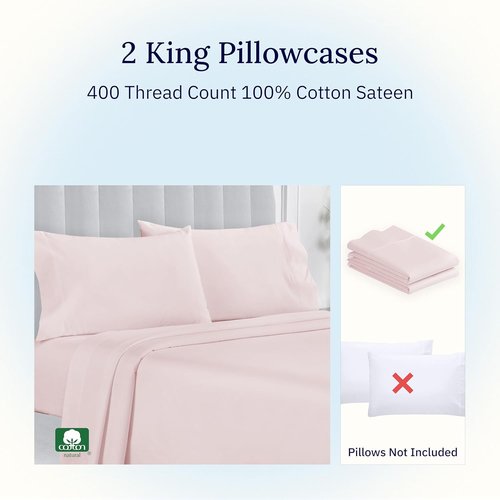 California Design Den King Size Pillowcase Set - 400 Thread Count, 100% Cotton Sateen, Soft & Breathable - Pink