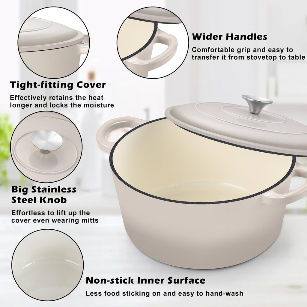 TeamFar Enameled Cast Iron Dutch Oven, 7qt Dutch Oven Pot Nonstick Cookware with Lid & Dual Handles for Bread Baking, Cooking, Oven Safe up to 500℉ & Various Stovetops, Healthy & Heavy Duty - Khaki