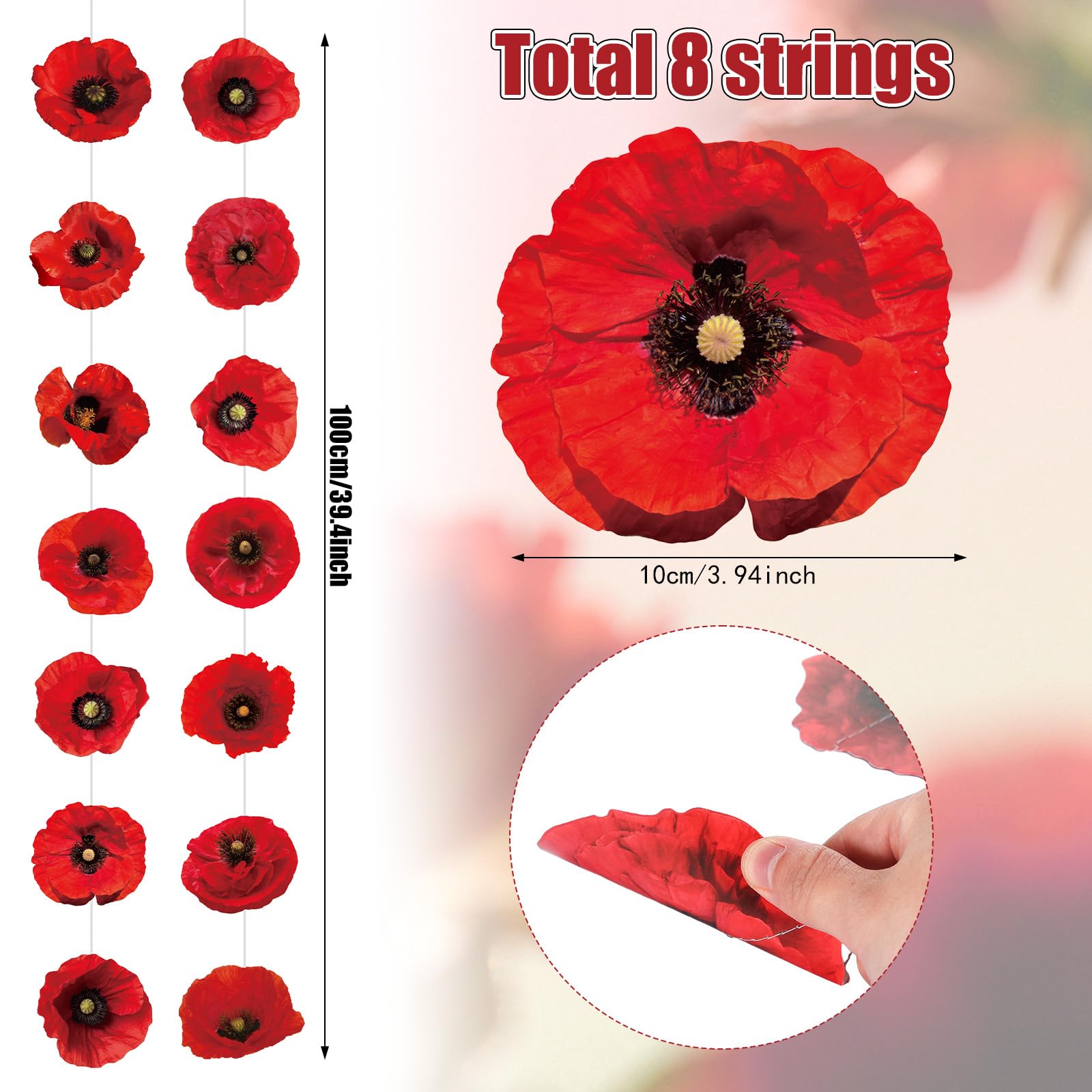 Fullhawl 8 Pieces Wizard Themed Party Decorations Artificial Poppy Flowers Paper Garlands Red Flower Hanging Banners Poppy Cutouts for Wizard Themed Birthday Memorial Day Party Favor Supplies
