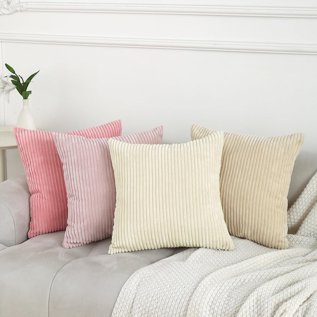 Pack of 2 Sakura Pink Corduroy Decorative Throw Pillow Covers 18x18 Inch Striped Spring Cushion Covers Cozy Boho Pillowcase Farmhouse Home Decor Soft Accent Cushion Case for Couch Sofa Bed 45x45 cm