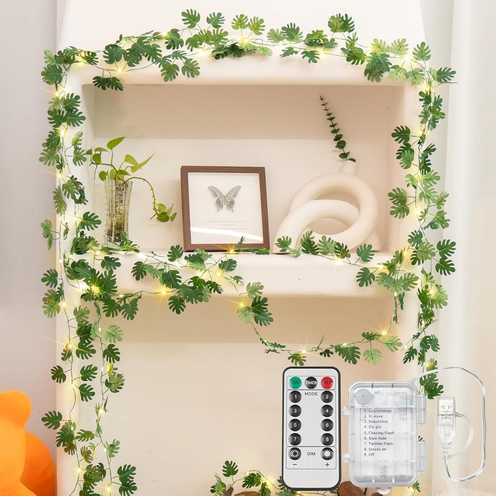 Suddus Vines String Lights - 33ft 100 LED Monstera Leaves | Battery & USB Powered with Remote for Indoor Tropical Decor
