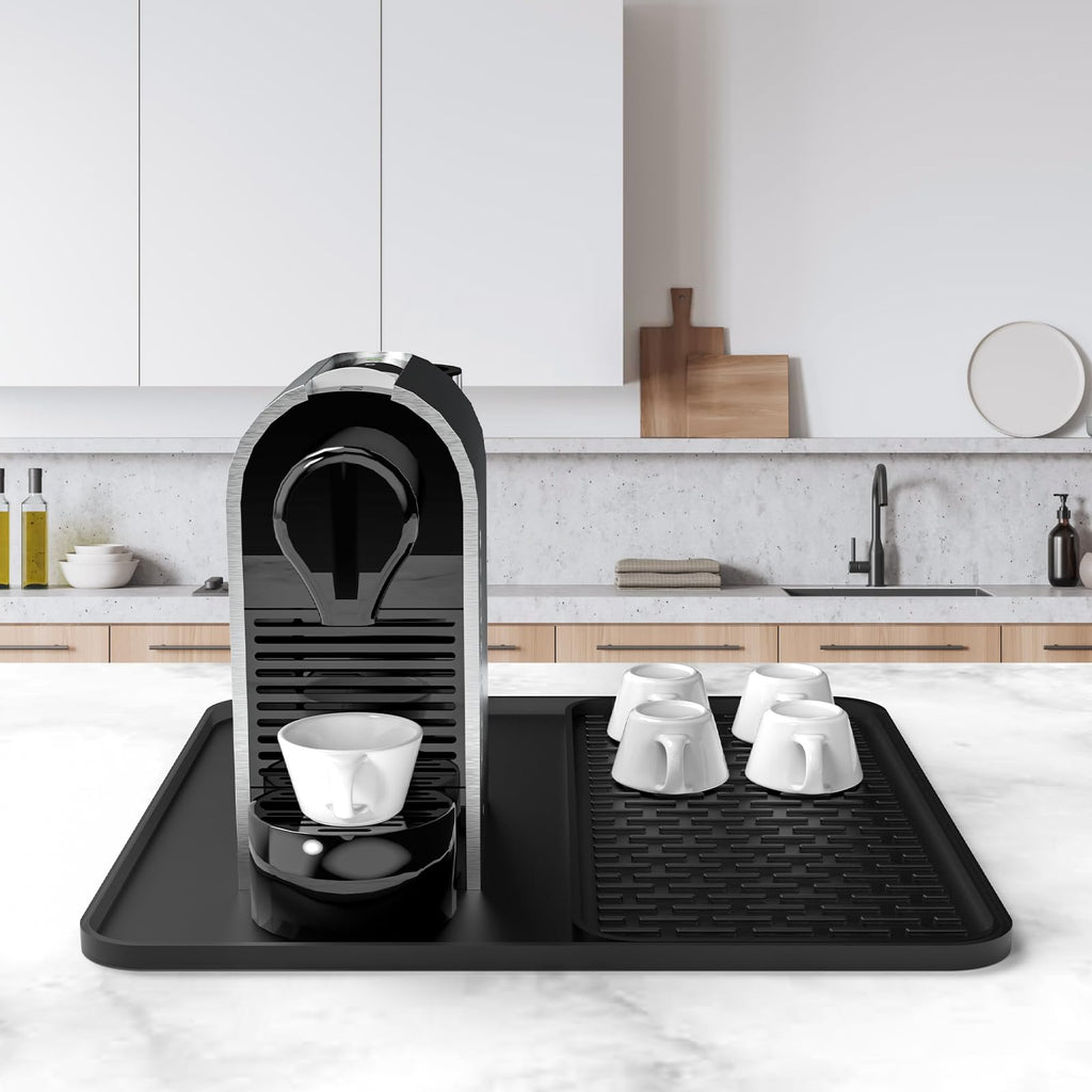 Silicone Coffee Mat,16''x16'' Coffee Bar Mat with Detachable Dish Drying Mat for Kitchen Countertops,Coffee Bar Accessories Fit Under Coffee Maker Coffee Machine Coffee Pot Espresso Machine Dish Rack