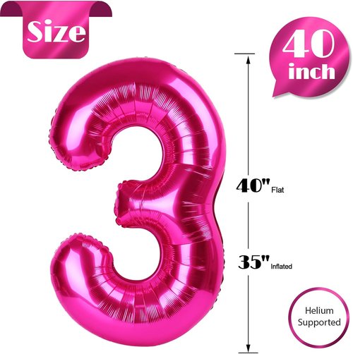 Hot Pink Number 3 Balloon - 40 Inch 3rd Birthday Celebration Decor for Girls & Boys