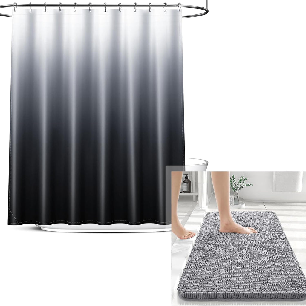 OLANLY Chenille Bath Rug & Shower Curtain Set - 30x20 in Grey & 72x72 in Black/Grey Bundle