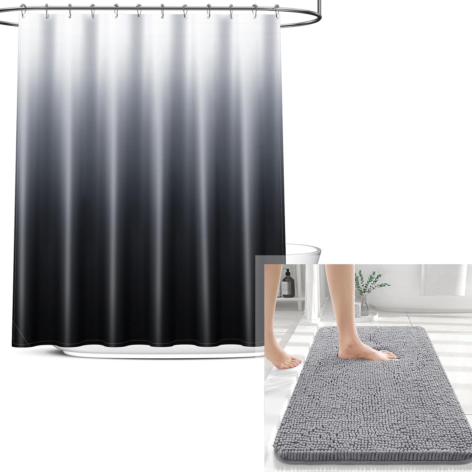 OLANLY Chenille Bath Rug & Shower Curtain Set - 30x20 in Grey & 72x72 in Black/Grey Bundle