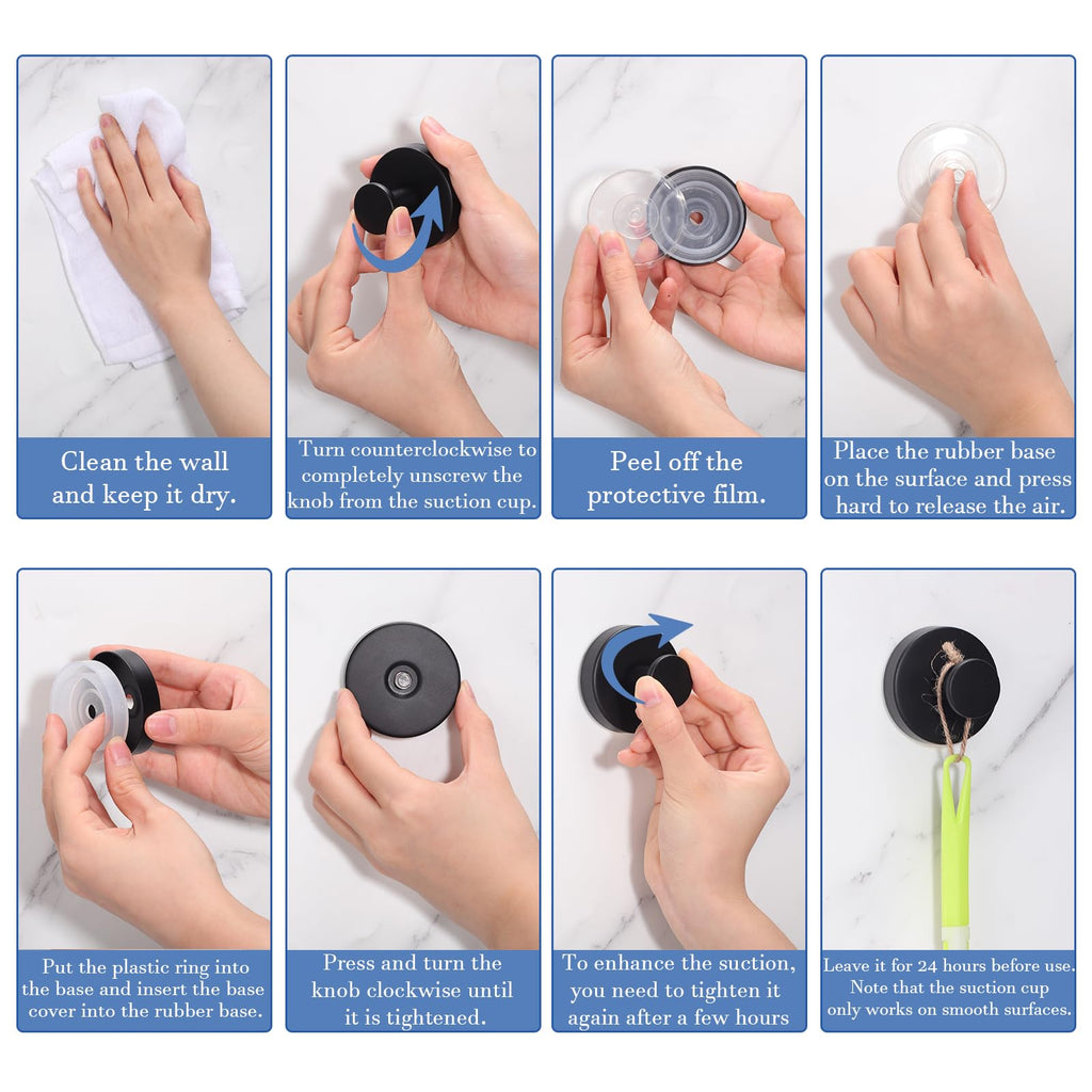 Suction Cup Hooks for Bathroom Kitchen, 2 Pack Stainless Steel Suction Hooks for Shower No Drilling Damage Free Towel Hook Holders Reusable Removable for Hanging Towels, Loofah, Robe, Coat(Black)
