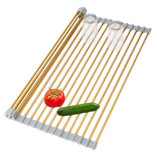 Golden Roll-UP Dish Drying Rack-Large Stainless Steel Dish Drainer Over The Sink for Kitchen Countertop, Applicable for Sink Width Less Than 16.5in (Gold,17.8'x 13.2')