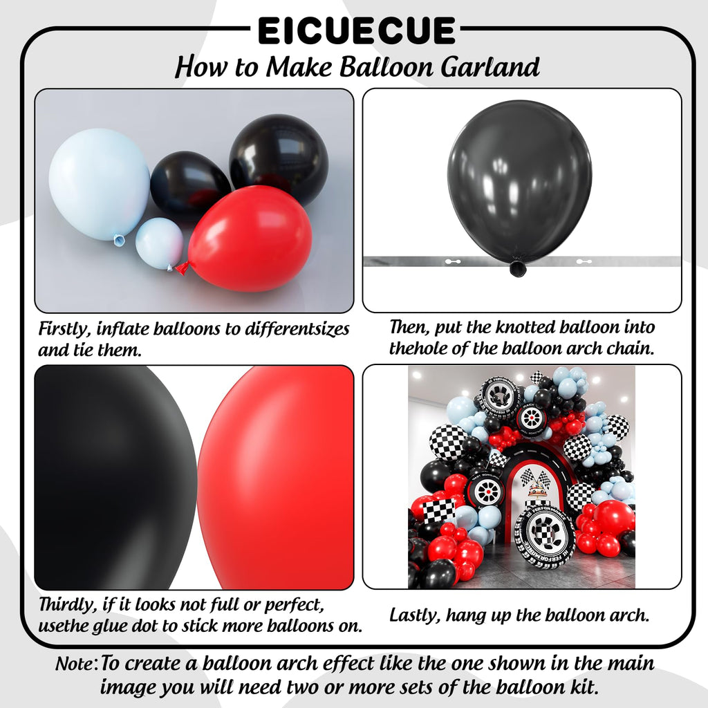 EICUECUE Race Car Balloon Arch Kit - 168Pcs Different Size Balloons Tire Flags Checkered Black Red Blue Balloon Garland Kit for Racing Car Two Fast 2nd Theme Boy Birthday Anniversary Party Decorations